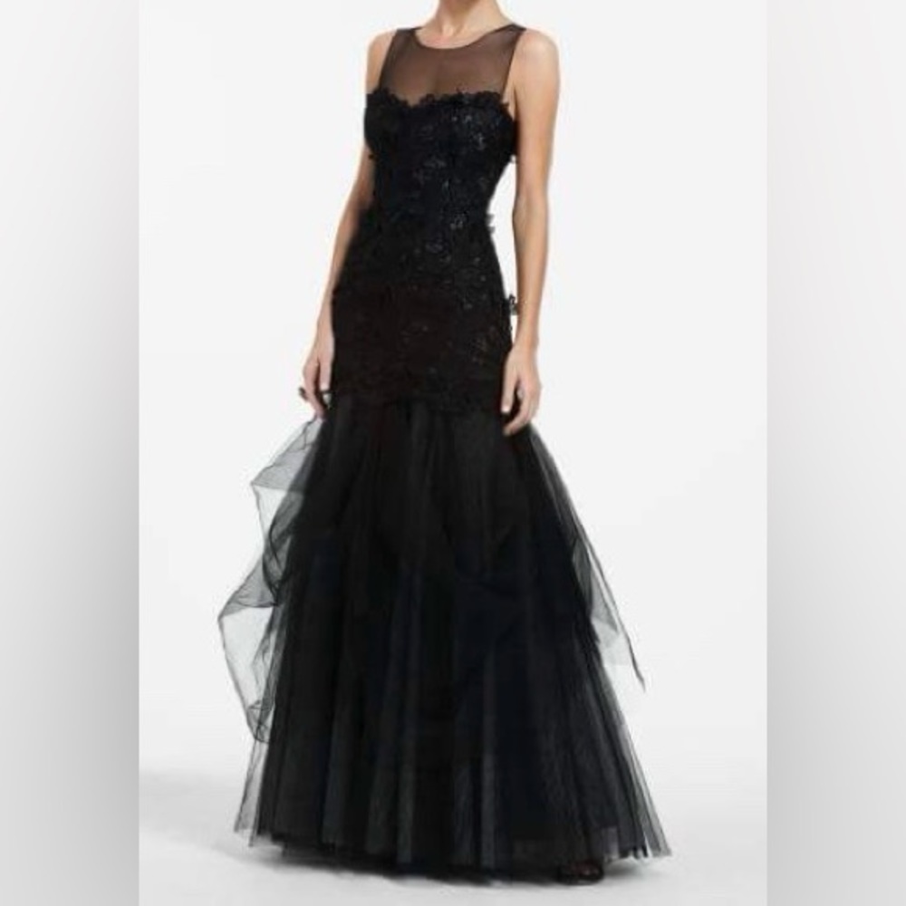 BCBGMaxAzria Black Tulle and Floral Appliqué Gown